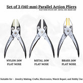 Set of 3 parallel action pliers with 140mm flat nose for professional jewelry making.